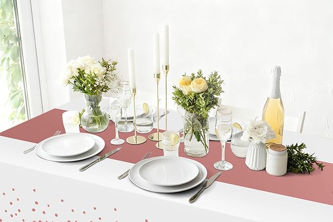 Smiry Plastic Table Cloth Disposable 10 Pack, 54 x 108 Inch Rectangle Waterproof Tablecloth, Printed Gold Table Runner Style for Birthday Weeding, Party, Leakproof & Sturdy, Rose Gold and White