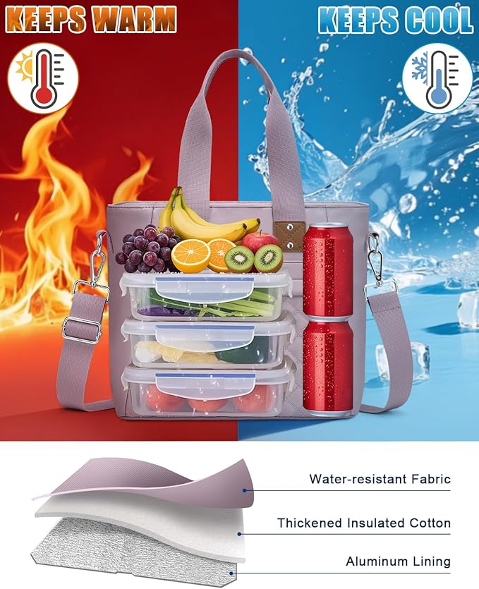 Capolo Insulated Lunch Box for School - Large Thermal Lunch Bag Women with Removable Shoulder Strap, Reusable Lunch Cooler Tote Bags Purse for Adults Work, Picnic, Hiking, Beach, Travel, MediumPurple