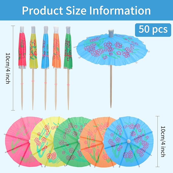 50 Pcs Cocktail Umbrellas,4" Mini Paper Drink Umbrellas Toothpicks,Colorful Tropical Luau Party Decorations,Disposable Bar Garnish Picks,Colorful Paper Toothpicks for Party Decorations