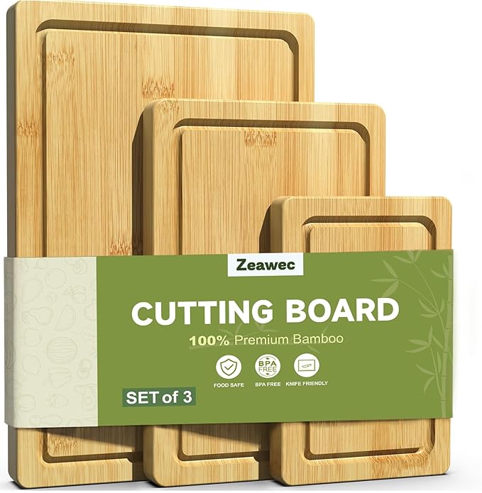 3-Piece Set Bamboo Cutting Board for Kitchen - Crack-Resistant Wood Chopping Boards with Deep Juice Grooves, Pre-Oiled Butcher Block for Meat, Vegetables & Cheese, Natural