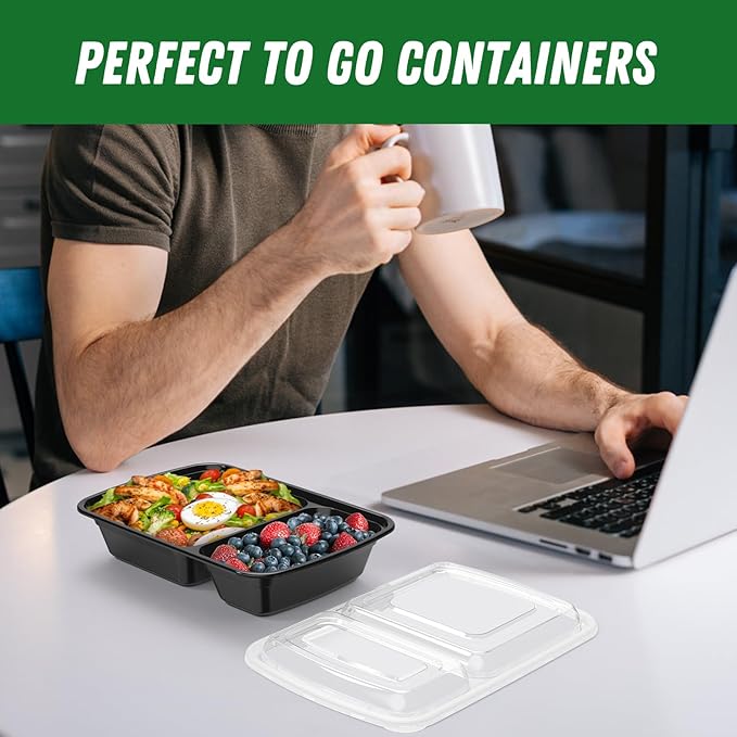Dealusy 50 Pack (100-Piece) 28 oz Meal Prep Containers Reusable with Lids 2-Compartment, Sturdy Leakproof Food Safe, Microwave Freezer Dishwasher Safe, To Go Take Out Plastic Food Storage, Black