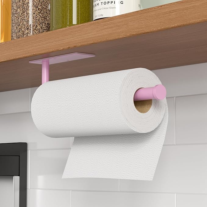 Paper Towel Holder Under Cabinet, Self-Adhesive,No Drilling, Stainless Steel, Wall-Mounted for Kitchen and Bathroom, Easy Install, Durable, Space-Saving, Ideal for Home, RV (Pink, 1 Pack)