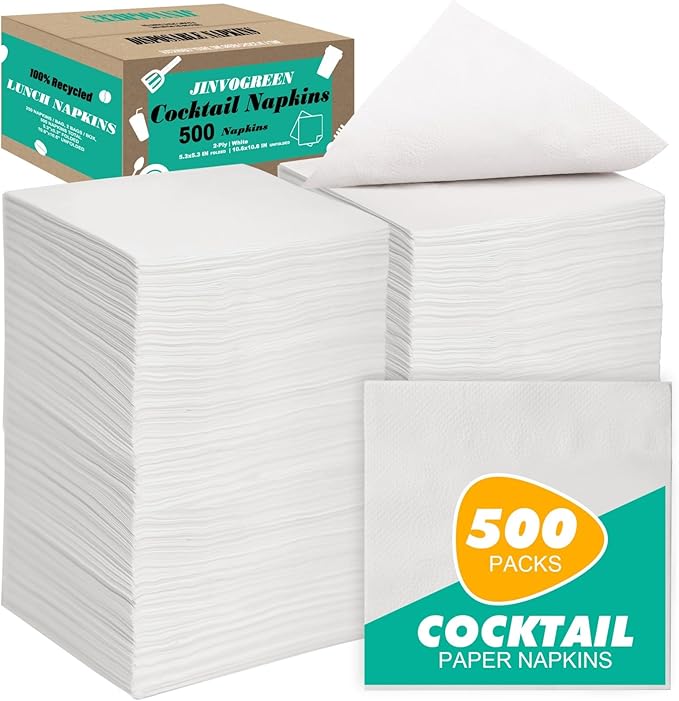 JINVOGREEN 500 Count Cocktail Napkins Disposable 2-Ply White Beverage Paper Napkins Bulk for Bars, Lunch, Parties, Restaurant and Everyday Use - 5.3 x 5.3 Inch Folded