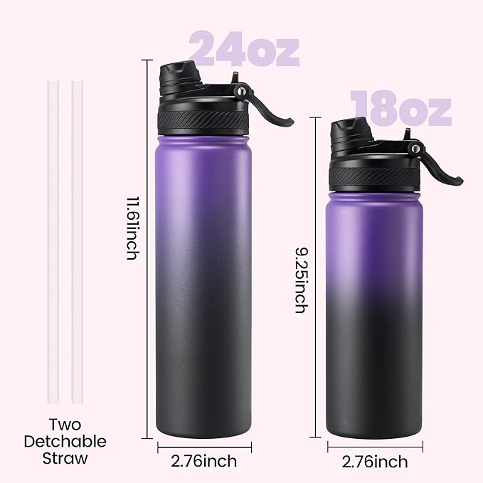 Fijinhom 24 oz Insulated Water Bottle, 2-in-1 Straw and Spout Lid Stainless Steel Thermos, Leak-Proof, Double Wall Vacuum Flask, Keep Cold 24H for Outdoor, Sports, Travel, School (Purple&Black)