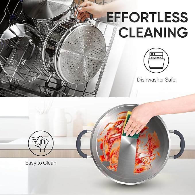 SUNHOUSE Stainless Steel Steamer Pot for Cooking - 3.1 QT Steaming Pot with Glass Lid & Steamer Basket - 2 Tier Tri-ply Vegetable Steamer with Stay-Cool Silicone Handles - Induction Compatible