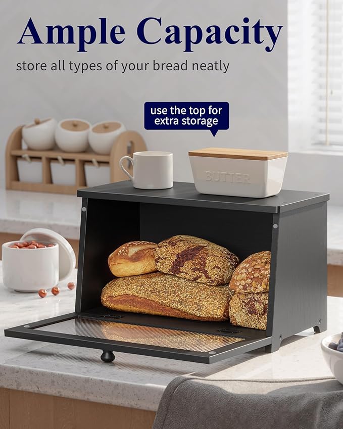 Kitsure Bread Box - Wooden Bread Box for Kitchen Countertop, Large Capacity Kitchen Countertop Organizer, Stylish Bread Storage with Window, Multi-functional Container, Black, 1-Tier