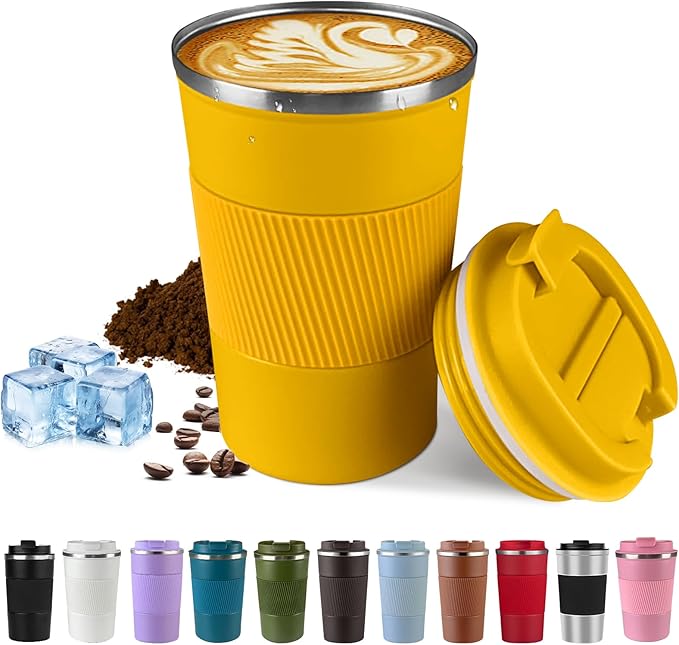 SPLMIFA Vacuum-Insulated Stainless Steel Travel Coffee Mug, Leak-Proof Reusable Coffee Cup with Lid-Keeps Drinks Hot & Cold for Hours, Durable Double Wall Tumbler for Men & Women (3rd-Yellow, 17OZ)