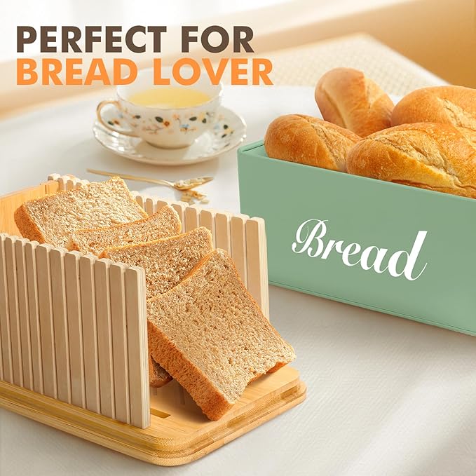 RYTOXILO Bread Slicer with Bread Box, Green Bread Storage Container for Kitchen Countertop with Multifunction Bamboo Lid, 3 in 1 Breadbox for Loaf Slicing & Tray, Bread Holder for Kitchen Counter