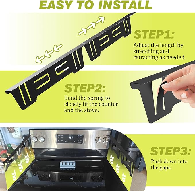Stove Gap Covers Stainless Steel, Stove Gap Filler Range Trim Kit, Oven Gap Filler for Stove and Counter, Heat-Resistant Stove Gap Guards, Easy Retractable Length 13.8" to 27.6", Width 1", Black(2PCS)