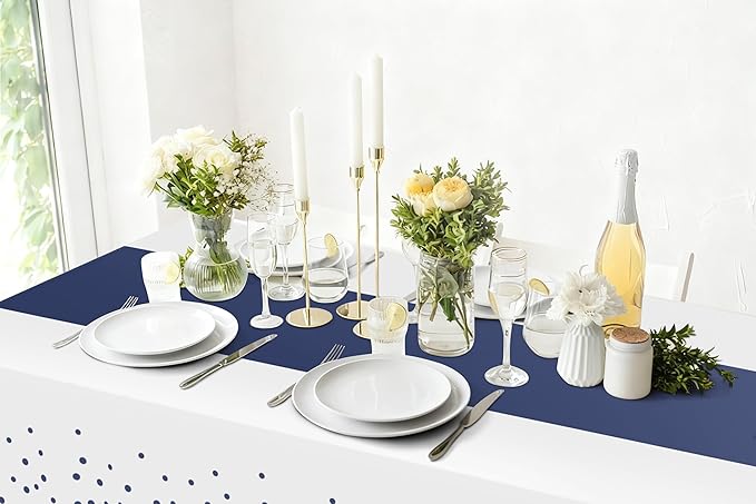 Smiry Plastic Table Cloth Disposable 5 Pack, 54 x 108 Inch Rectangle Waterproof Tablecloth, Printed Gold Table Runner Style for Birthday Weeding, Party Decorations, Leakproof & Sturdy, White and Navy