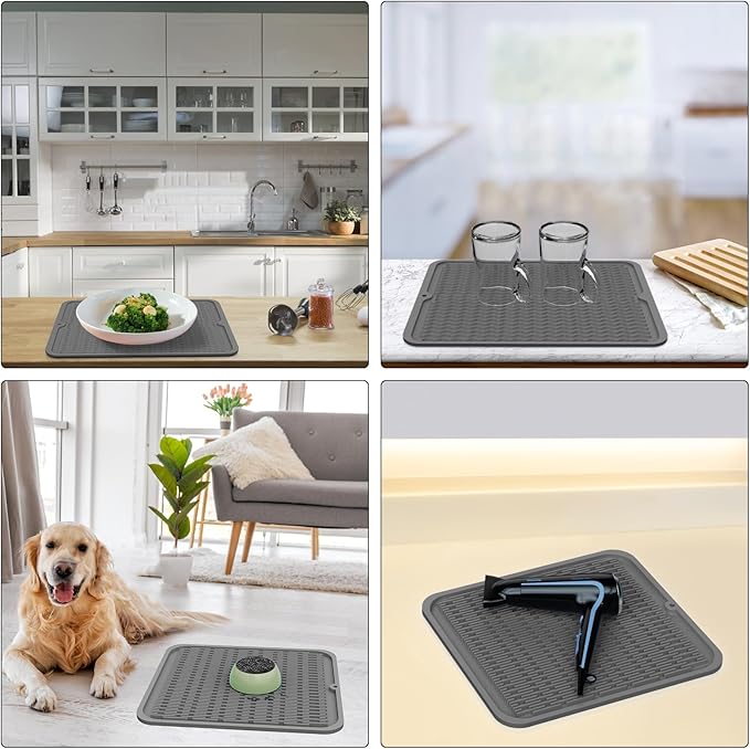 ZLR Silicone Dish Drying Mat 12" x 12" Square - Small Heat Resistant Trivet & Countertop Protector for Air Fryer, Coffee Maker - Waterproof Kitchen Drain Pad for Cups, Fruit (Dark Gray)