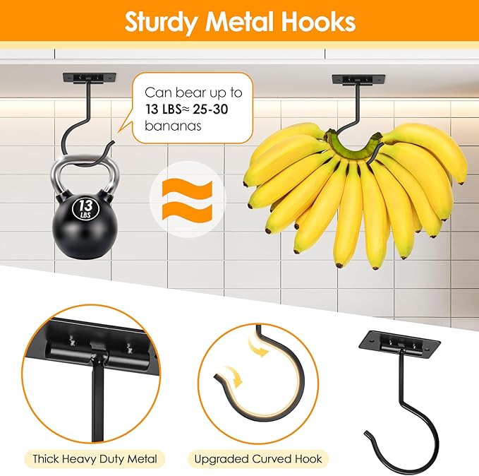 Self Adhesive Banana Hook Under Cabinet Foldable Banana Hanger Black Metal Under Counter Banana Hook to Keep Bananas Fresh Banana Holder for Kitchen RV Space Saving