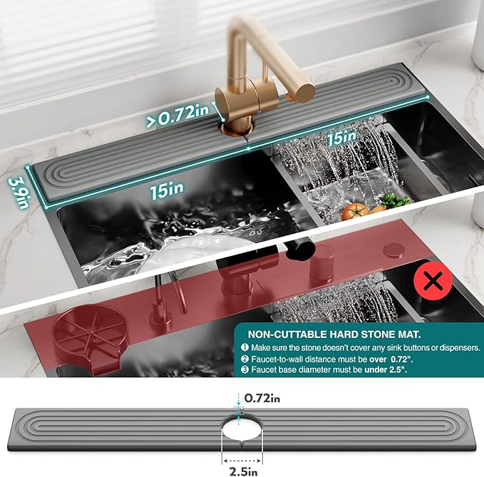 30 inch Kitchen Faucet Absorbent Mat - Diatomaceous Earth Splash Guard for Sink Faucet, Aesthetic Water Absorbing Stone Tray in The Modern Home(Grey, 30" x 3.9")