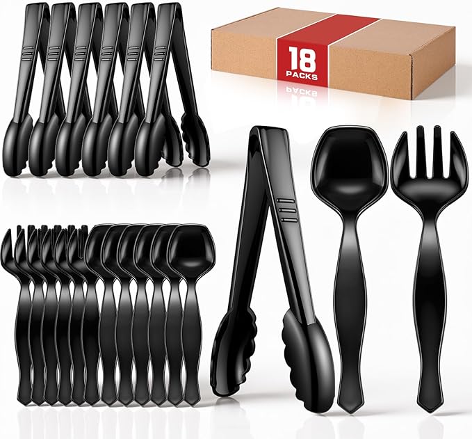 Mwellewm 18Pcs Serving Utensils, 8.5'' Plastic Serving Utensils Set, Disposable Serving Spoons for Buffet, Large Serving Tongs for Food Heavy Duty Party Supplies for Salad Soup Cooking Catering(Black)