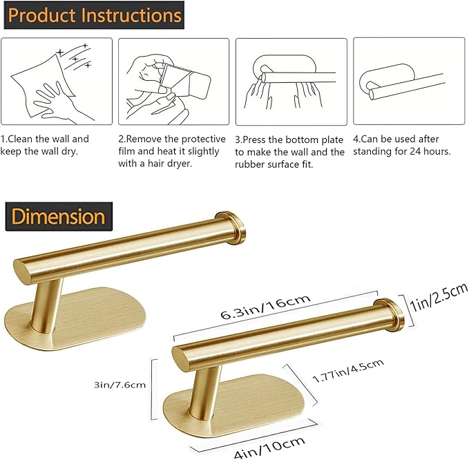 JOPOFI Toilet Paper Holder - Self Adhesive Toilet Paper Holder Wall Mount for Bathroom, Command Strip Stainless Steel Toilet Paper Roll Holder Stick On Wall, No Drilling - Brushed Gold（2 Pcs）