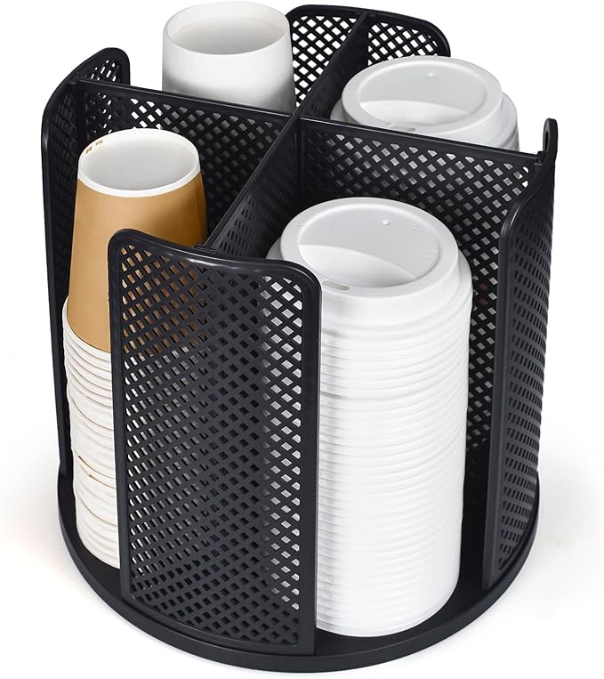Cup and Lid Organizer, 360° Rotatable Coffee Cup Holder for Disposable Plastic and Paper Cups of 5 to 16 oz, 4 Compartments Detachable Countertop Cup Dispenser Coffee Station, Black