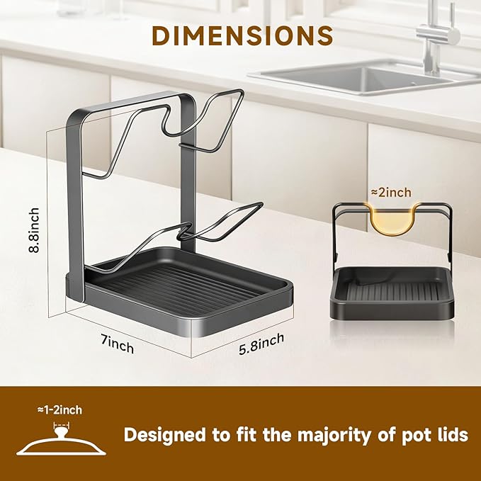 Kitchen Pot Lid Storage Rack, 2-Tier Lids Holder with Detachable Drip Tray for Mess-Free Cooking, Versatile Countertop Organizer for Cutting Boards, Ladles and Pan Covers