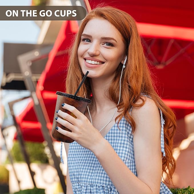 tchrules 100 Set 16oz Plastic Cups with Lids and Straws, Disposable Black Clear Iced Coffee Cup with Lid, Round Bottom Plastic To Go Cups for Cold Drinks Slushie Smoothie Soda Bar Party Shop Supplies