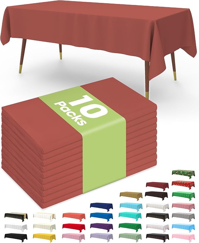 Pureegg Plastic Table Cloth Disposable 10 Pack, 54 x 108 Inch Table Cloths, Party, Thanksgiving Decorations, Harvest, Fall Tablecloths, Rectangle, Plastic Cover, Leakproof & Sturdy, Terracotta