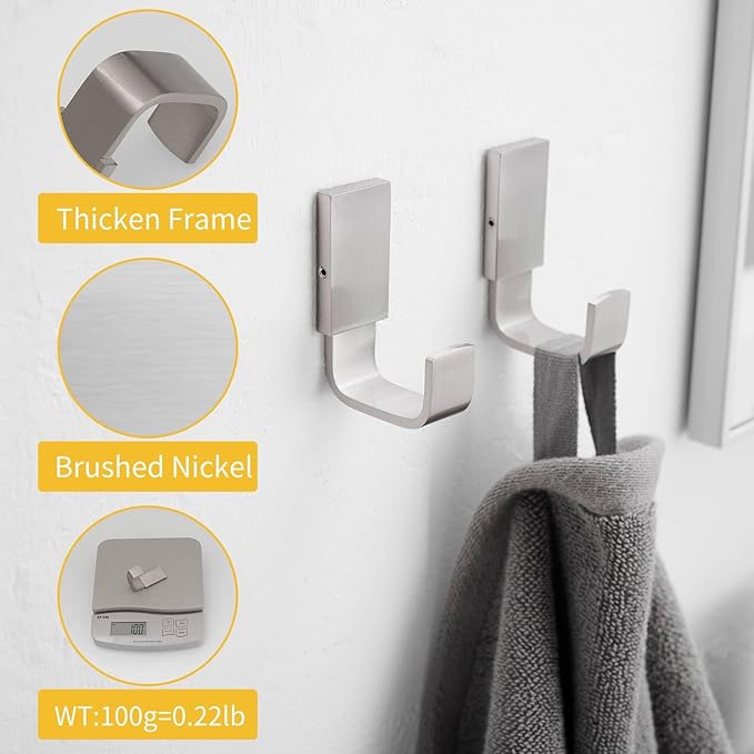 BESy Brass Clothes Hook Single Towel Hook for Bathroom Kitchen Garage Square Style Robe Hook Coat Hook Hat Hook, Wall Mounted with Screws, Two Packs, Brushed Nickel