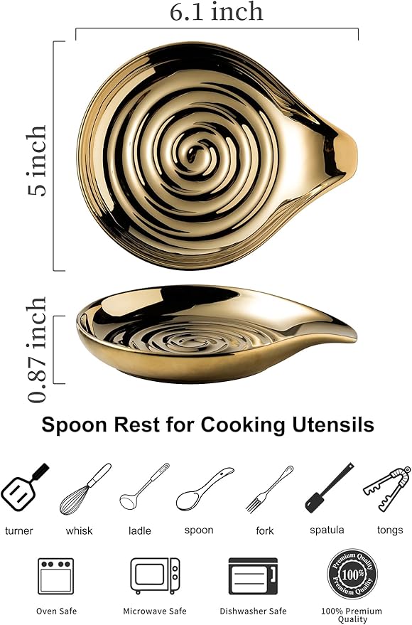 LAUCHUH Spoon Rest for Stove Top, Ceramic Spoon Holder for Kitchen Countertop Large Utensil Rest for Spatula, Spoons or Tong, Ladle, Fork, Christmas, 5 inch, Gold