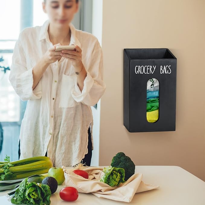 Farmhouse Wooden Grocery Bag Holder and Dispenser, Wall Mounted Plastic Bag Holder and Dispenser with Extra-Wide & Easy-Access Openings, Garbage Bag Dispenser Anti-Fingerprint Rustic Finish Bags Saver