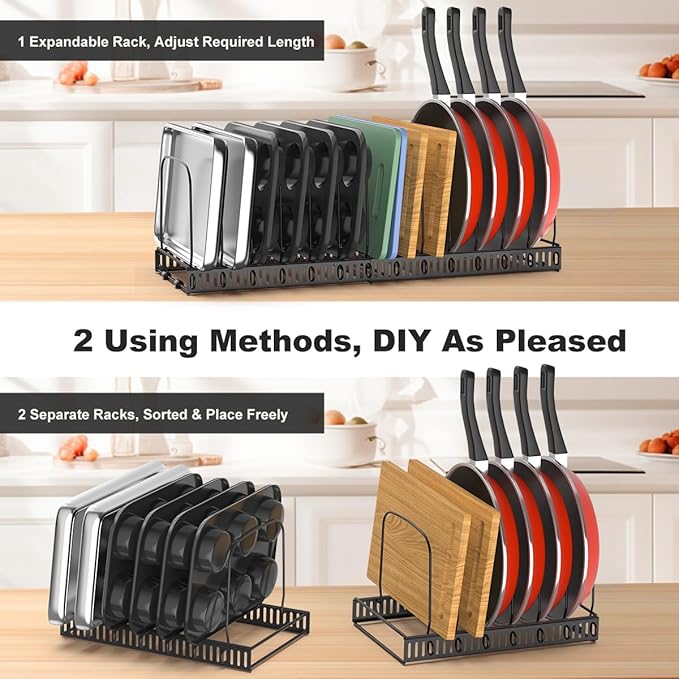 Housolution 2 Pack Baking and Cookie Sheet Organizer, 12"-23" Expandable Cutting Board Rack with 14 Adjustable Dividers, Bakeware Tray Muffin Pan Storage Organizer for Cabinet, Black