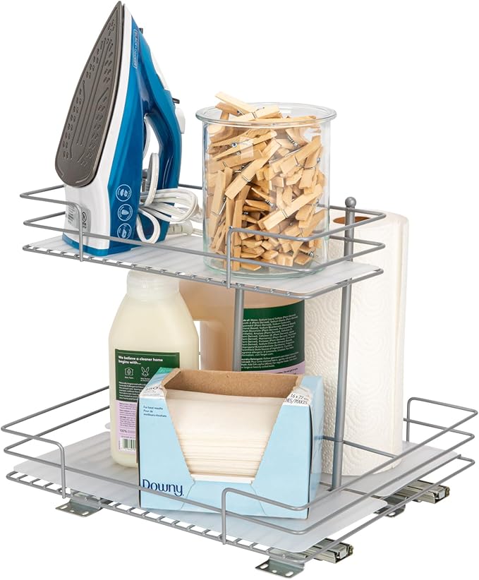 Household Essentials Glidez Steel Pull-Out/Slide-Out Storage Organizer with Plastic Liners for Under Sink or Wire Shelf Use - 2-Tier Design - Fits Standard Size Cabinet or Shelf, Brushed Silver
