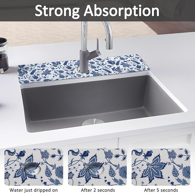 24" X 5.5" Kitchen Sink Splash Guard Faucet Mat Flora Super Absorbent Fast Drying Faucet Guard & Draining Mat Sink Splash Guard Behind Faucet for Kitchen, Bathroom