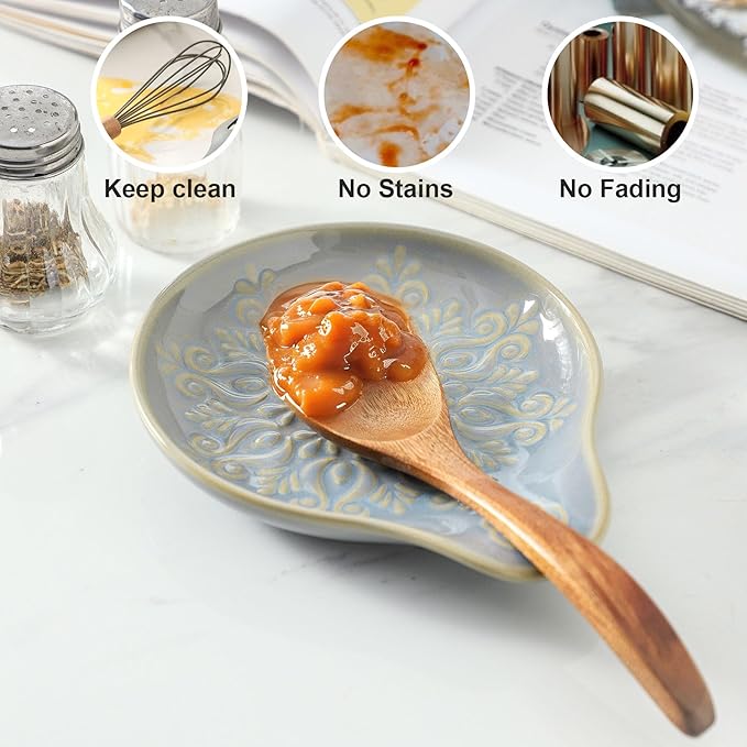 Farmhouse Ceramic Spoon Rests Holder for Kitchen Counter Stove Top (Lightblue-A3)