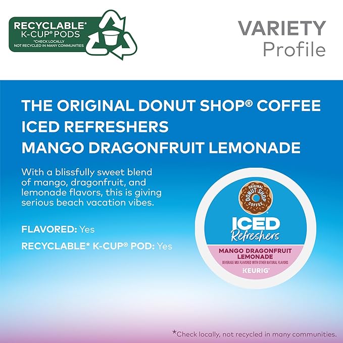 The Original Donut Shop Iced Refreshers, Mango Dragonfruit Lemonade Flavor, Keurig Single Serve K-Cup Pods, 60 Count (6 Packs of 10)