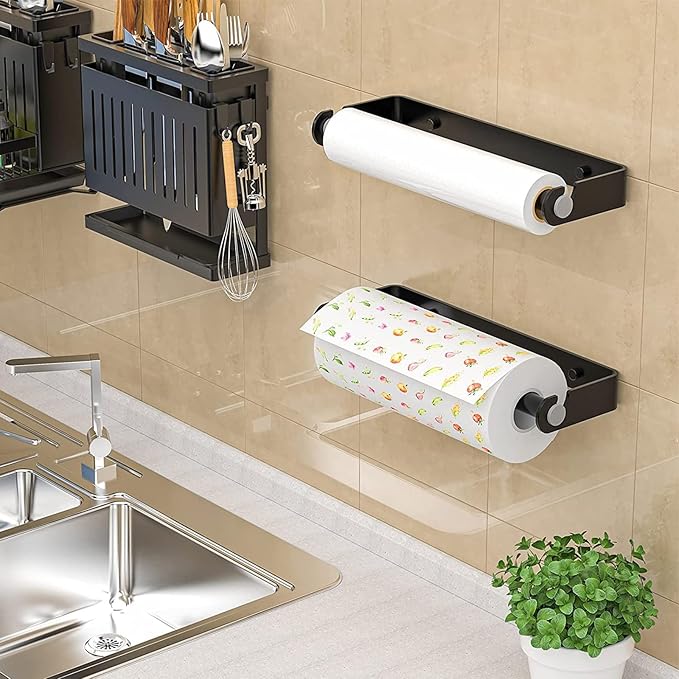 Aheucndg Under Cabinet Paper Towel Holder, Self Adhesive Wall Mount Paper Towel Holder for Kitchen or Bathroom Paper Towel Rack (Black)