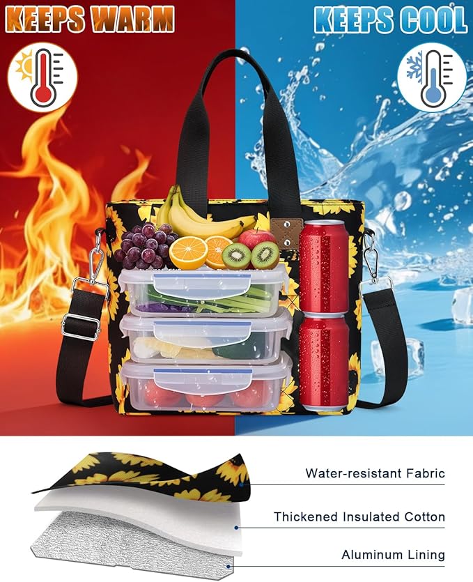 Insulated Lunch Box for Women & Men - Large Thermal Lunch Bag Women with Removable Shoulder Strap, Reusable Lunch Cooler Tote Bags Purse for Adults Work, Picnic, Hiking, Beach, Travel, M-Sunflower