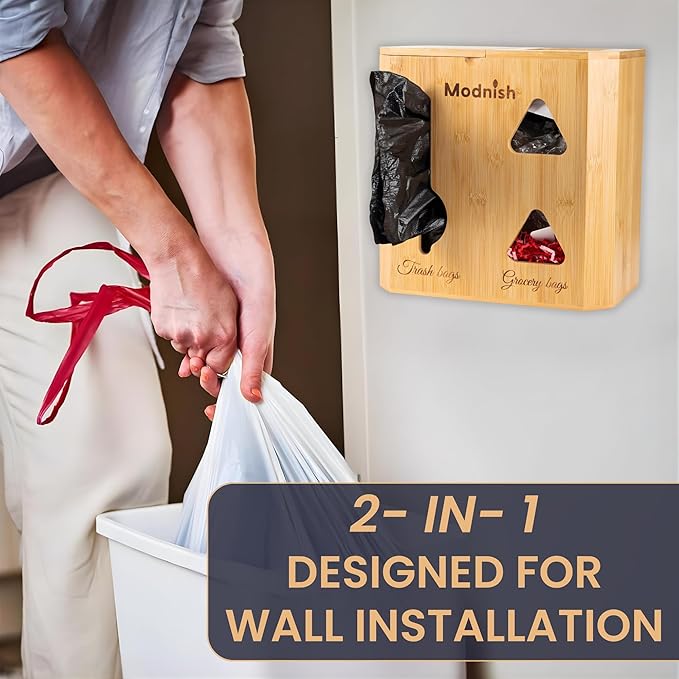 Bamboo Trash Bag Holder 2-in-1 | Trash Bag Dispenser Grocery Bag Organizer | 100% Natural Bamboo Wall Mount Countertop Holder | Trash Bag Organizer Space-Saving Eco-Friendly Storage Solution