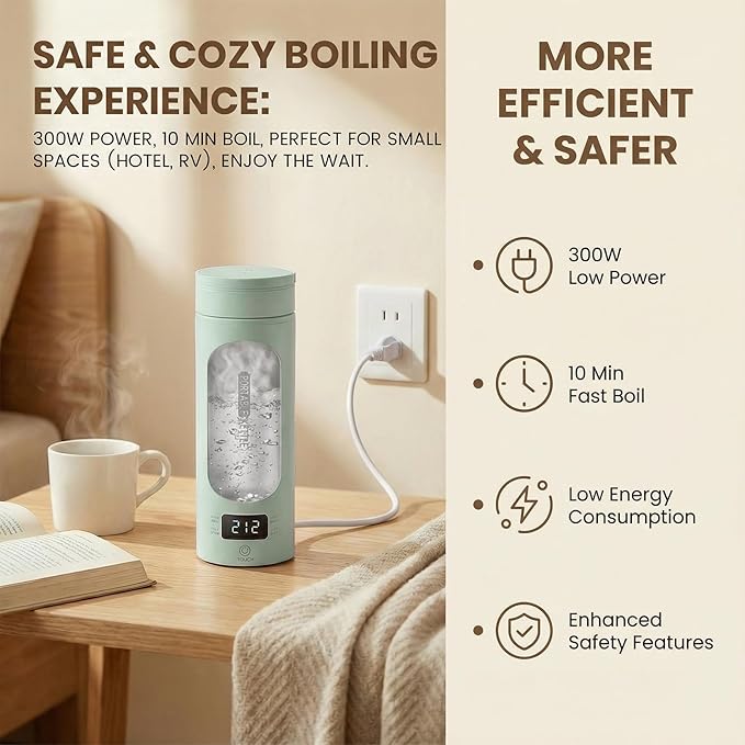 Portable Electric Kettle forTravel, Small Hot Water Kettle with NTC Temperature Control and Auto Shut-Off, 316 Stainless Steel, Green 120V & 15oz