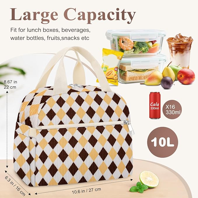 KUBYA Lunch Box for Women, Cute Corduroy Grid Insulated Lunch Bag Women Reusable Work Leakproof Simple Adults Large Lunch Boxes Tote Bag Men Cooler Bag