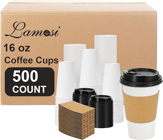 Lamosi 500 Pack 16 oz Disposable Coffee Cups with Lids and Sleeves, Leak-Proof To Go Coffee Cups with Lids, Hot/Cold Beverage White Drinking Cup for Home, Office, Parties, Travel