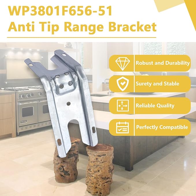 WP3801F656-51 3801F656-51 Stove Anti-Tip Bracket Compatible with Whirlpool, Kenmore, KitchenAid, Maytag Range/Stove/Oven Floor or Wall Mount Anti Tip Bracket Replaces 12400045,PS11741944,AP6008803
