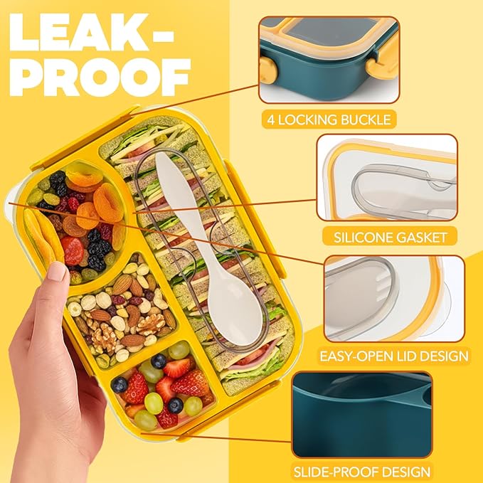 Bento Box for Adults,4 Compartments Lunch Box, Snack Containers Reusable Lunch Containers Drop-Proof, Dishwasher Safe & Made with BPA-Free Materials, Dark Blue