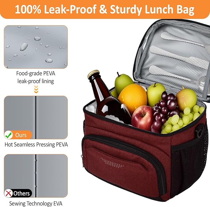 Vankor Large Insulated Lunch Bag for Men Women kids, Reusable Lunch Box kids Leakproof with Adjustable Shoulder Strap for Work Teacher School Picnic Beach Travel, Burgundy