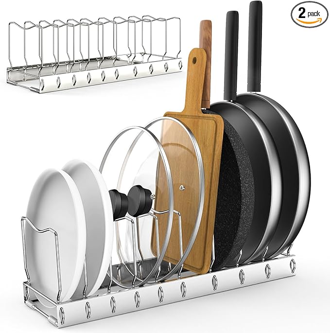 FLSEPAMB 2 Pack 10-Tier Pan Organizer Adjustable Lid Organizer Kitchen Organizers and Pan Organizer and Storage Pot Heavy Duty Pot Lid Organizer for Kitchen Under Sink Storage Drawer