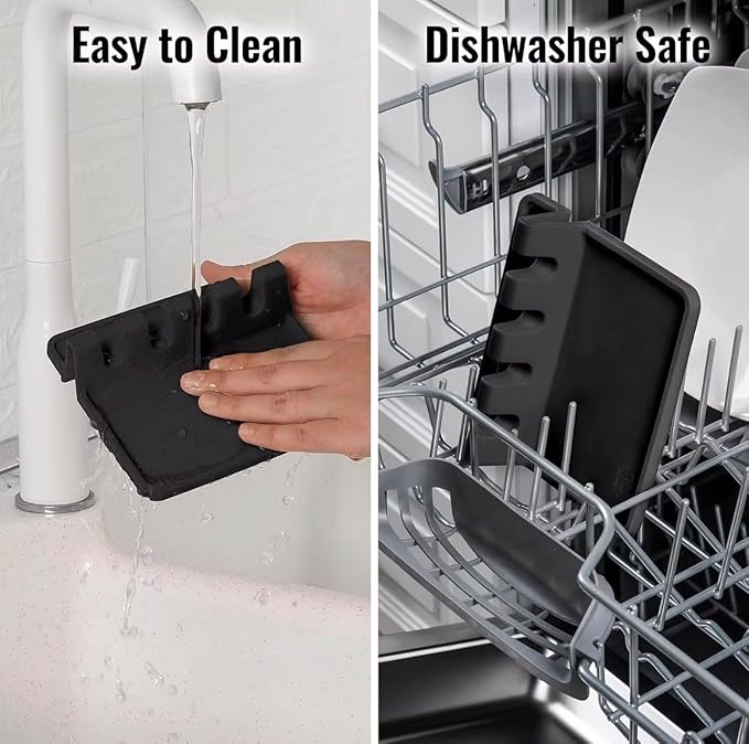 Silicone Spoon Rest for Stove Top – Silicone Utensil Holder with Large Drip Tray, Heat Resistant, BPA Free Food-Grade Silicone, Non-Slip Base, Dishwasher Safe,4-Slot Design, Includes 2 Sponges (Black)