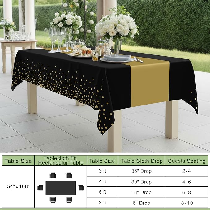 Smiry Plastic Table Cloth Disposable 4 Pack, 54 x 108 Inch Rectangle Waterproof Tablecloth, Printed Gold Table Runner Style for Birthday Weeding, Party Decorations, Leakproof & Sturdy, Black and Gold