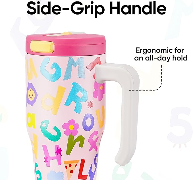 Fijinhom 18 oz Toddler Tumbler with Handle, Stainless Steel Insulated Water Bottle Coffee Mug with Straw, Toddler Cups, Kids Water Bottle for School, Sports, Travel, Rosy Letter Crew