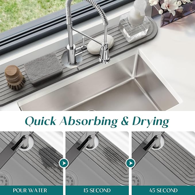Kitchen Faucet Mat - Diatomite Splash Guard for Sink, Quick-Drying Water Absorbing Stone Tray [Grey, 23.6" x 3.9"], Includes Sandpaper