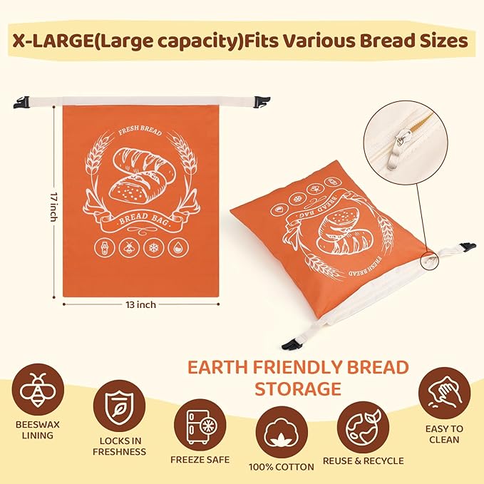 2 Pack Beeswax Bread Bags with Zipper, XL(13x17in) Sourdough Bread Storage for Homemade, Freezer Storage Bag to Keep Fresh, Cotton Beeswax Container, Baguette Bag with Liner, Kitchen Baking (Orange)
