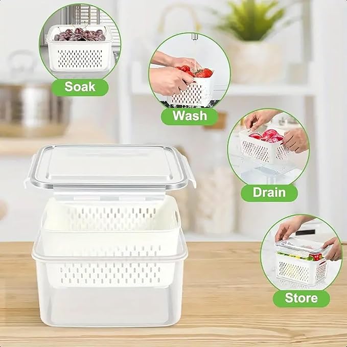 3Pcs 4 in 1 Fruit Containers for Fridge with Removable Colanders and Lids, Airtight Storage Container to Keep Fruits, Vegetables, Berry, Meat Fresh Longer, Dishwasher & Microwave Safe