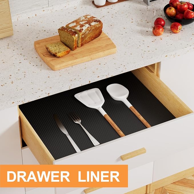 FLPMIX 17.7-in Cabinet Shelf Liner: Black Waterproof Kitchen Cabinets Liners 17.7 Inch Wide x 25 FT - Easy to Cut Large Drawer Mat for Cupboard Pantry Shelving