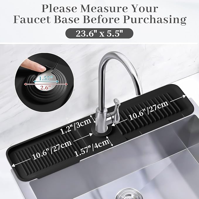 PoYang 24 Inch Faucet Mat for Kitchen Sink Splash Guard Behind Faucet, Sink Protectors for Kitchen Sink Faucet Mat Splash Guard for Kitchen Sink Area, Longer Silicone Faucet Guard Draining Mat, Black