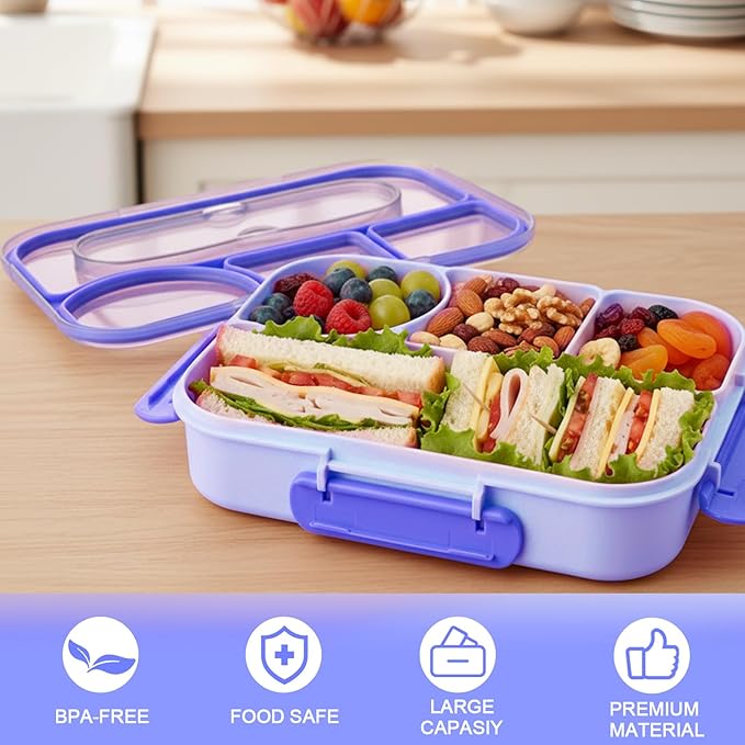 Bento Box for Adults,4 Compartments Lunch Box, Snack Containers Reusable Lunch Containers Drop-Proof, Dishwasher Safe & Made with BPA-Free Materials, Blue